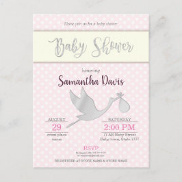 Postal De Invitación Baby Shower de la bebé de la cigüeña plateada