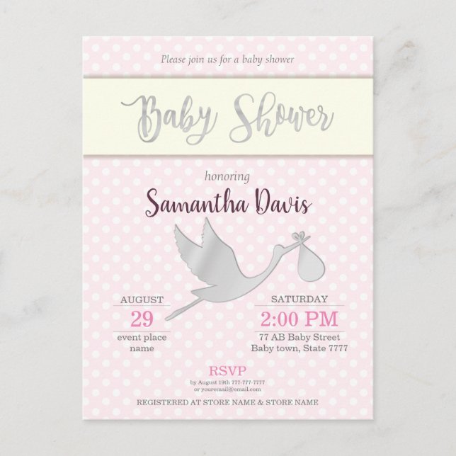 Postal De Invitación Baby Shower de la bebé de la cigüeña plateada (Anverso)