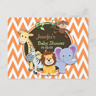 Postal De Invitación Baby Shower de la jungla; Naranja y cheurón blanco