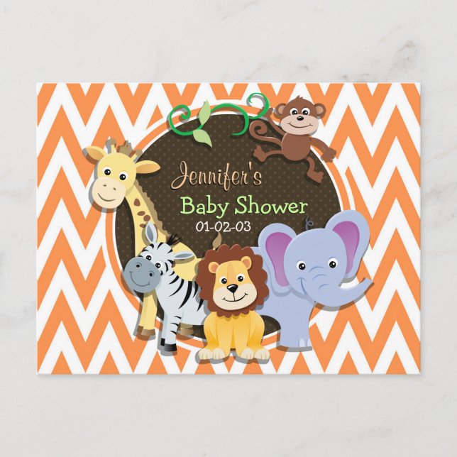 Postal De Invitación Baby Shower de la jungla; Naranja y cheurón blanco (Anverso)