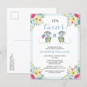 Postal De Invitación Baby Shower de los gemelos Blue Floral Boy Twins