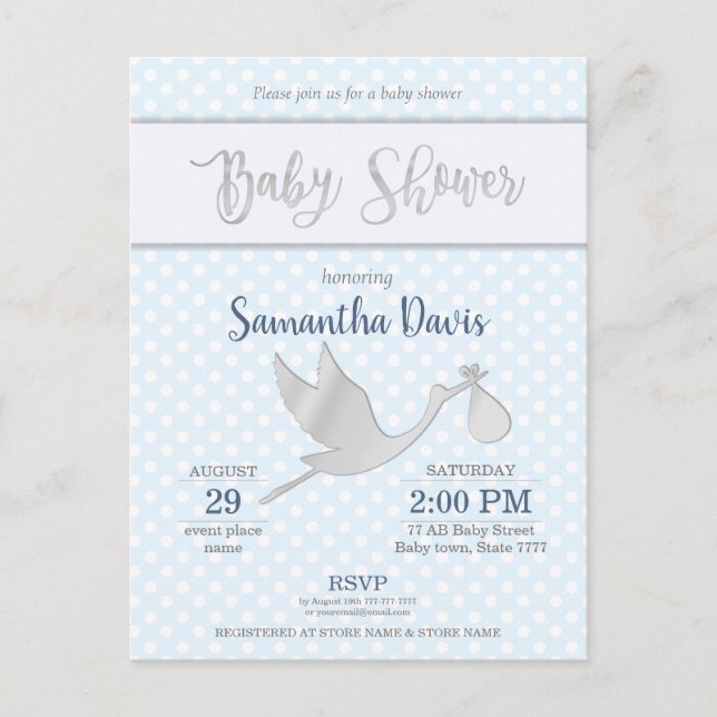 Postal De Invitación Baby Shower de niño bebé cigüeña (Anverso)