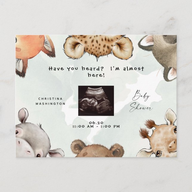 Postal De Invitación Baby Shower de ultrasonido de animales de la huert (Anverso)