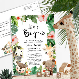 Postal De Invitación Baby Shower de vegetación tropical de Boy Jungle S