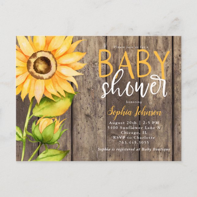 Postal De Invitación Baby Shower floral de girasol amarillo rubio (Anverso)