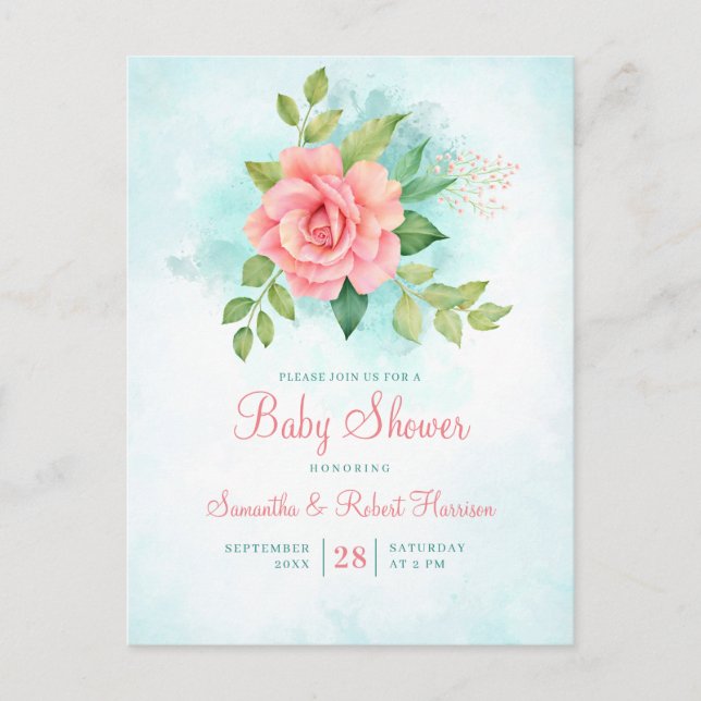 Postal De Invitación Baby Shower floral rosa rosa rosa turquesa (Anverso)