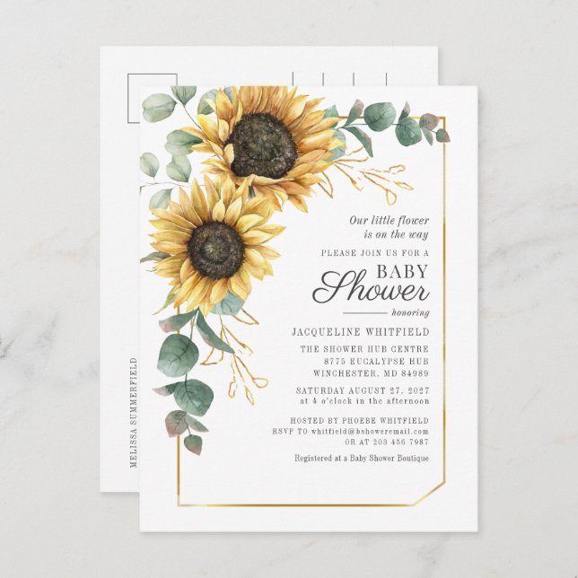 Postal De Invitación Baby Shower Floral Sunflower Eucalyptus Greenery (Anverso / Reverso)