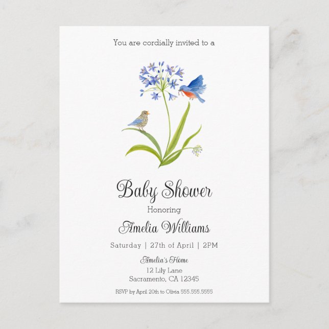 Postal De Invitación Baby Shower Lily with Bluebird Mother and Baby  (Anverso)