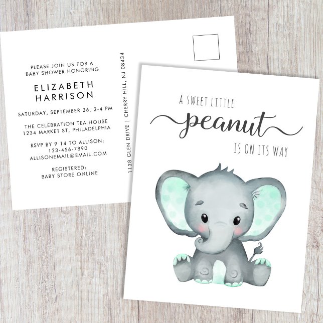 Postal De Invitación Baby Shower Mint Green Elephant (Subido por el creador)