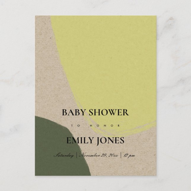 POSTAL DE INVITACIÓN BABY SHOWER MODERNO ABSTRACT LIME GREEN KRAFT (Anverso)