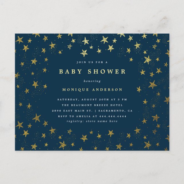 Postal De Invitación Baby Shower Moderno Midnight Blue & Gold Stars (Anverso)