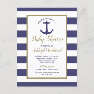Postal De Invitación Baby Shower Nautical Anchor Navy Blue Striped Boy