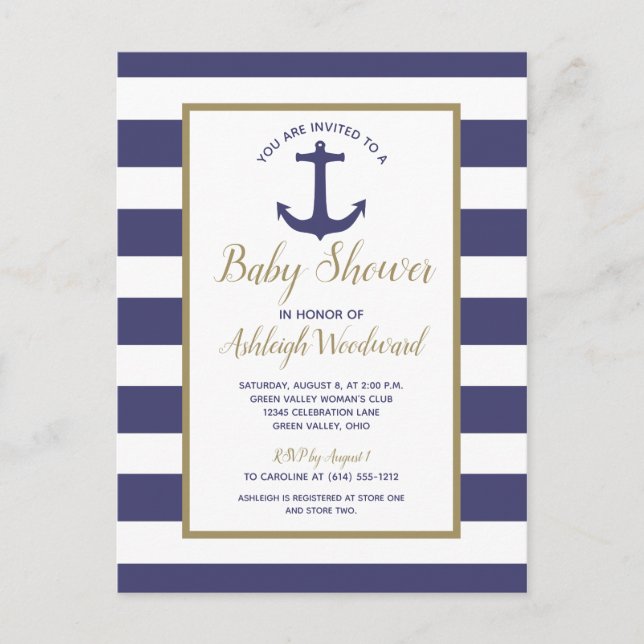 Postal De Invitación Baby Shower Nautical Anchor Navy Blue Striped Boy (Anverso)