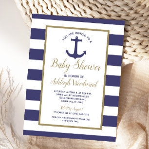 Postal De Invitación Baby Shower Nautical Anchor Navy Blue Striped Boy