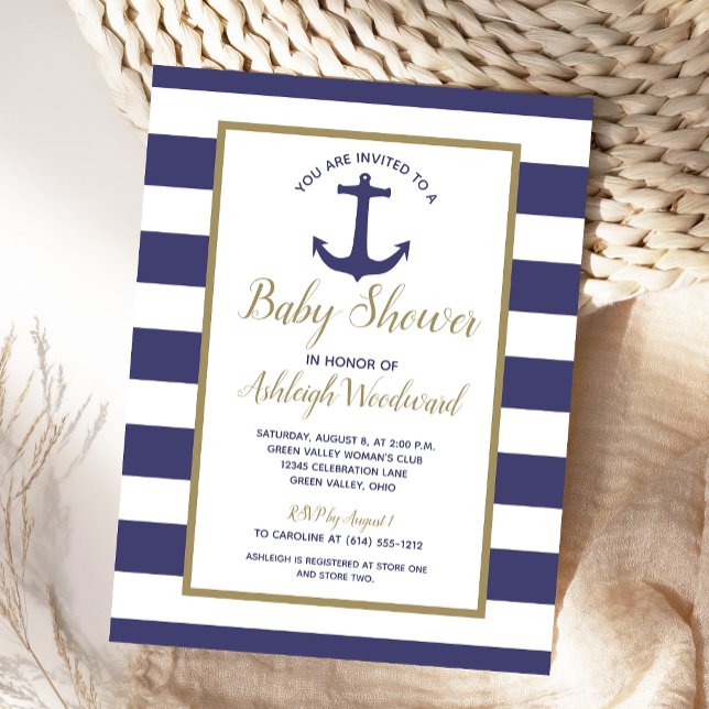 Postal De Invitación Baby Shower Nautical Anchor Navy Blue Striped Boy (Subido por el creador)