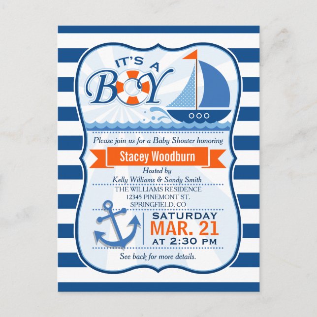 Postal De Invitación Baby Shower Náutico Azul y Naranja (Anverso)