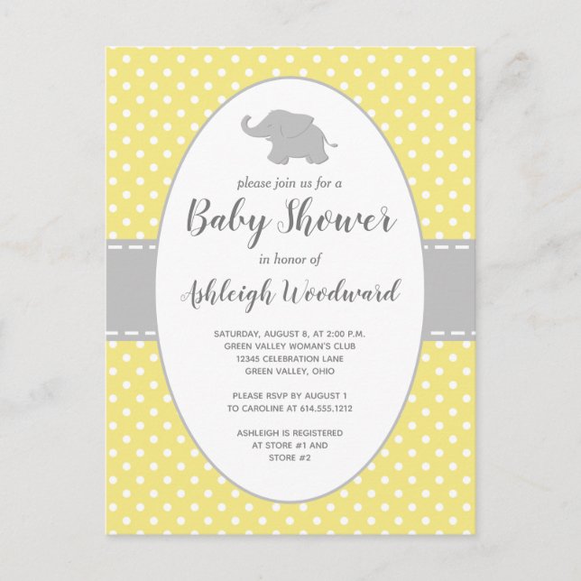 Postal De Invitación Baby Shower neutro de punto de polka amarillo para (Anverso)