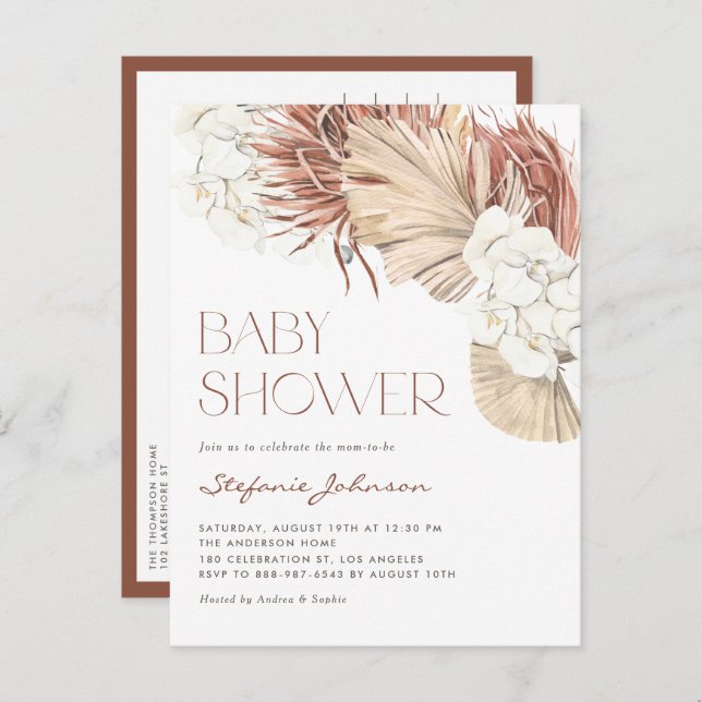 Postal De Invitación Baby Shower Orquídea blanca y Palm Boho seco (Anverso / Reverso)