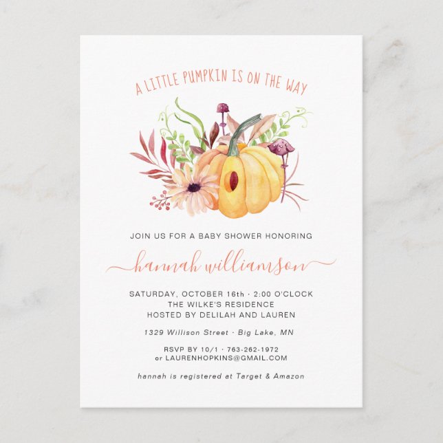 Postal De Invitación Baby Shower otoñal de calabaza neutra de género (Anverso)