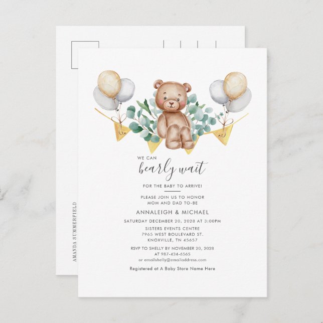 Postal De Invitación Baby Shower Parejas de vegetación de oso y eucalip (Anverso / Reverso)