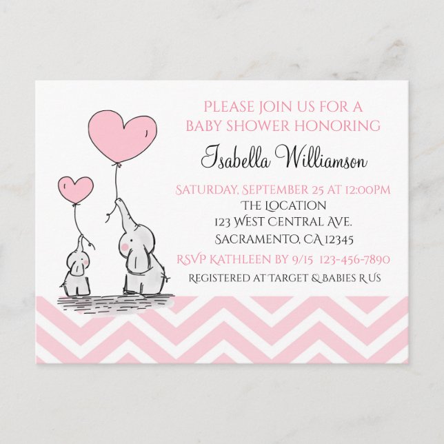 Postal De Invitación Baby Shower Pastel Baby Elephant con Personalizado (Anverso)
