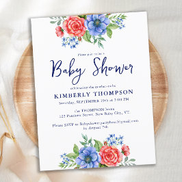 Postal De Invitación Baby Shower Patriótico Floral Rojo Azul Blanco