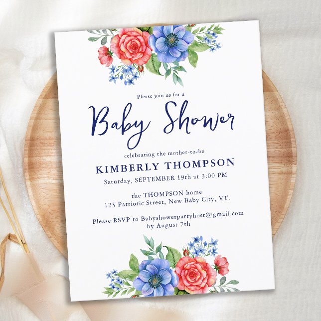 Postal De Invitación Baby Shower Patriótico Floral Rojo Azul Blanco (Subido por el creador)