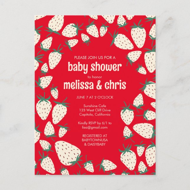 Postal De Invitación Baby Shower PERSONALIZADO Pineberry Cute de fresa  (Anverso)