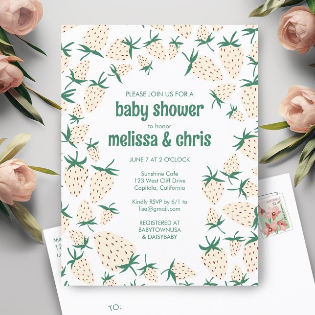 Postal De Invitación Baby Shower PERSONALIZADO Pineberry Cute de fresa  (White Strawberry Cute Pineberry CUSTOM BABY SHOWER Invitation Postcard
)