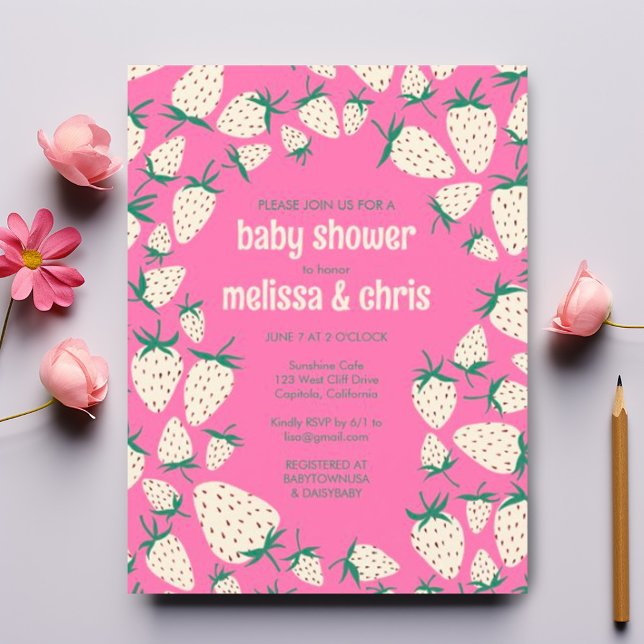 Postal De Invitación Baby Shower PERSONALIZADO Pineberry Cute de fresa  (Cute white strawberries on a pink background for these custom baby shower invitation postcards. )