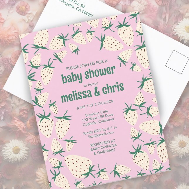Postal De Invitación Baby Shower PERSONALIZADO Pineberry Cute de fresa  (White Strawberry Cute Pineberry CUSTOM BABY SHOWER Invitation Postcard
Pink Girly)
