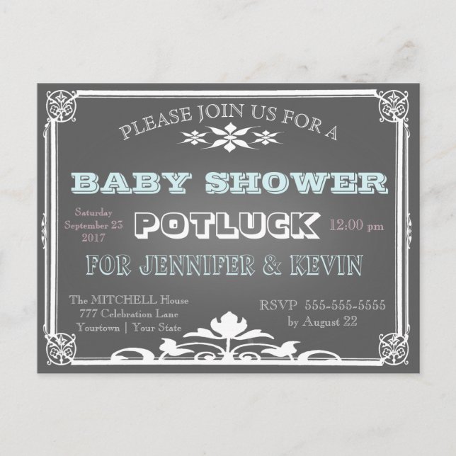 Postal De Invitación Baby Shower | POTLUCK | Pizarra (Anverso)