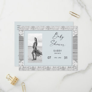 Postal De Invitación Baby Shower Rustic Wood & Blue Lace 