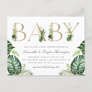 Postal De Invitación Baby Shower Tropical Greenery Gold Typography