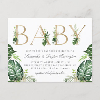 Postal De Invitación Baby Shower Tropical Greenery Gold Typography