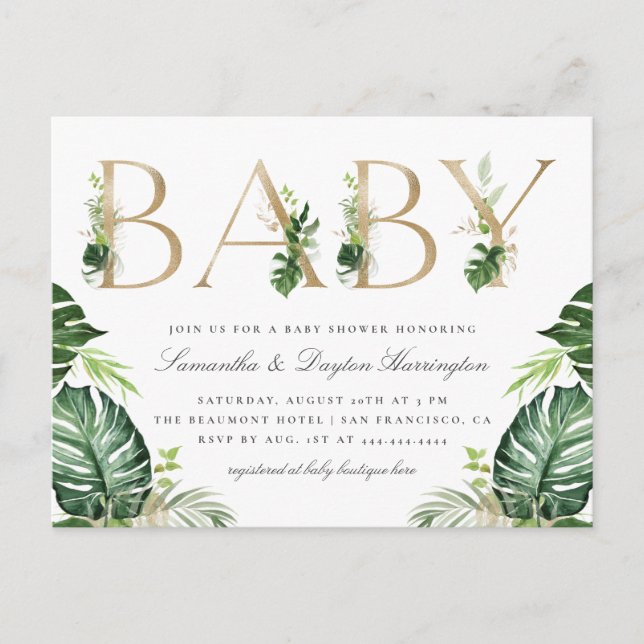 Postal De Invitación Baby Shower Tropical Greenery Gold Typography (Anverso)