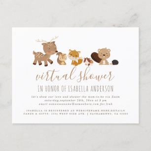 Postal De Invitación Baby Shower virtual con temas de bosque neutral de