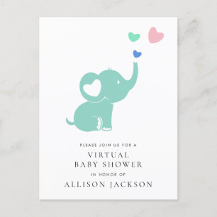 Postal De Invitación Baby Shower virtual de Elefante Verde Mint mínimo