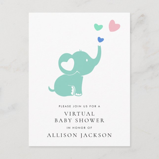 Postal De Invitación Baby Shower virtual de Elefante Verde Mint Mínimo (Anverso)