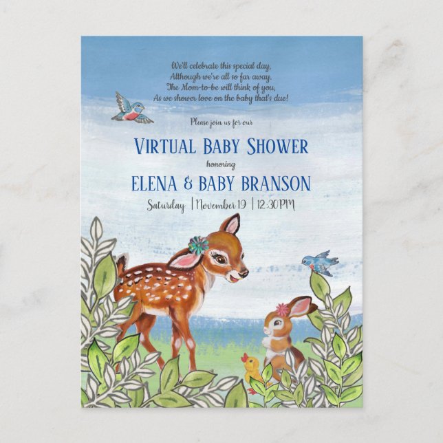 Postal De Invitación Baby Shower virtual de Wodland Animal Fawn (Anverso)