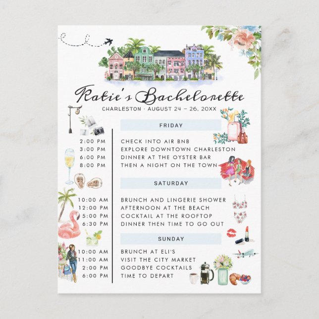Postal De Invitación Bachelorette Weekend Itinerary | Charleston (Anverso)