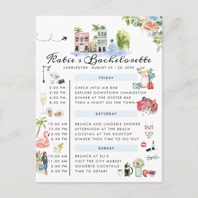 Postal De Invitación Bachelorette Weekend Itinerary | Charleston, SC (Anverso)