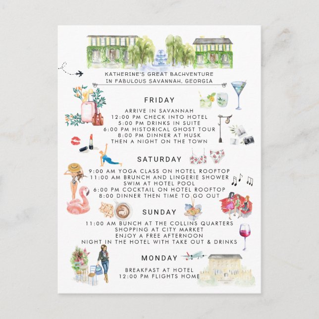 Postal De Invitación Bachelorette Weekend Itinerary | Savannah, Georgia (Anverso)
