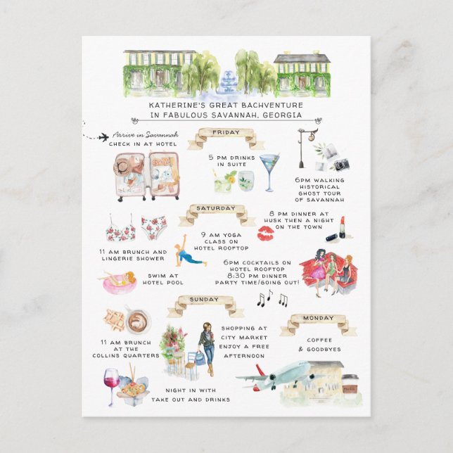 Postal De Invitación Bachelorette Weekend Itinerary | Savannah, Georgia (Anverso)