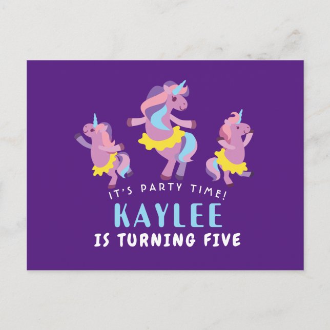 Postal De Invitación Baile rosa morado Niños Unicornios Cumpleaños (Anverso)