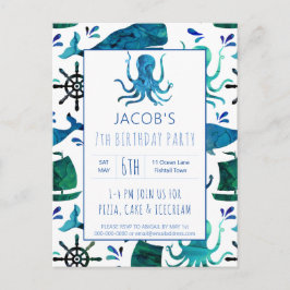 Postal De Invitación Bajo el mar acuarela Octopus Cumpleaños Nautical