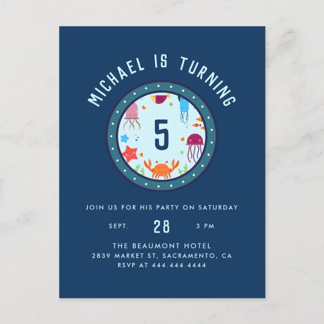 Postal De Invitación Bajo el mar Animales Porthole Blue Birthday Party (Anverso)