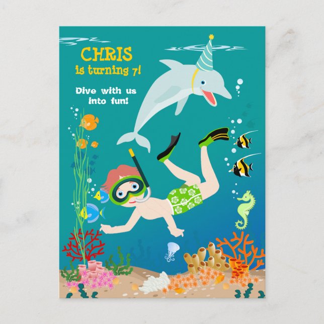 Postal De Invitación Bajo el mar delfines y fiesta de cumpleaños de niñ (Anverso)