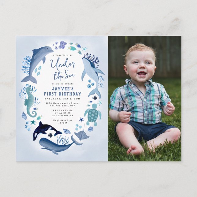 Postal De Invitación Bajo el mar, foto de Blue Boy cualquier año cumple (Anverso)