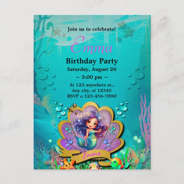 Postal De Invitación Bajo el mar y la sirena Fiesta Chica de cumpleaños (Anverso)
